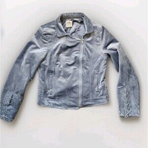 Ashley Outerwear Velvet Moto Jacket Side Tie Detail Blueish Gray Sz L EUC